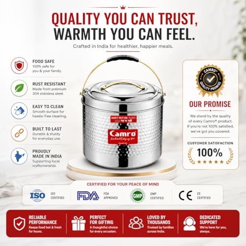 Image of Camro Sambar Pot Hammered 20 Liters | Sambar Pot with Lid | Casserole for Cooking | Canteen & Hotel Casserole Container | Picnic Hot | Biryani Box Hot & Cold Serving