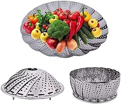 Veg Steamer Folding Stainless Steel Steamer Insert Vegetable Kitchen Fruit Food Basket Mesh Steamer, Cookware & Utensils for Cooking Steam Pans steam boiling Fruit Bowl Fit (27 CM)