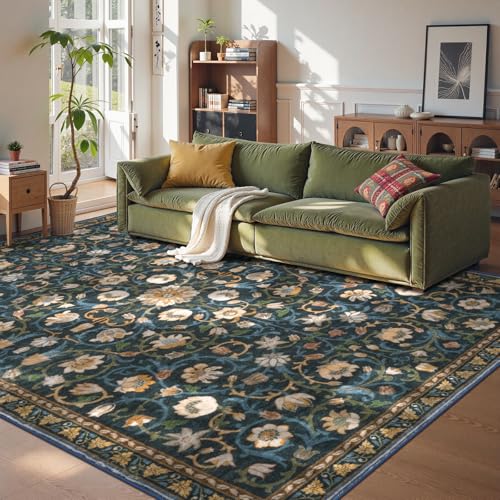 Anidaroel Floral Living Room Rugs 8x10, Washable Large Area Rug for Dining Room Soft Boho Bedroom Rug, Vintage Dark Green Carpet Low Pile Stain Resistant Floor Carpet for Home Office