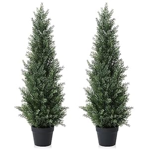 3FT Artificial Cedar Topiary Trees for Outdoors Potted Fake Cypress Trees Faux Evergreen Plants for Home Porch Decor Set of 2