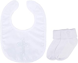 Infant Baby Boys' Girls' Christening Baptism Embroidered Cross Bib and Socks for Outfits - Buy now