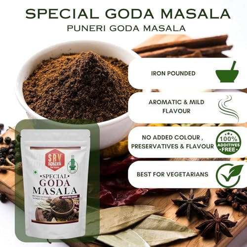 Image of SRV Spices Goda Masala - 100gm | Traditional Maharashtrian spice | Iron Pounded, Sweet Aroma, Preserves Natural Oils | Brahmani Puneri Kala Masala for Dal, Khichdi, Veg Curries & Bhaji