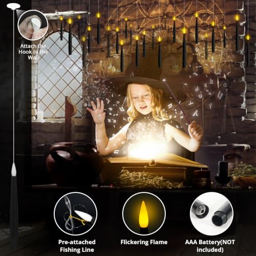 Image of 20 Pcs Floating Candles with Wand Remote Timer for Halloween Decor - Black