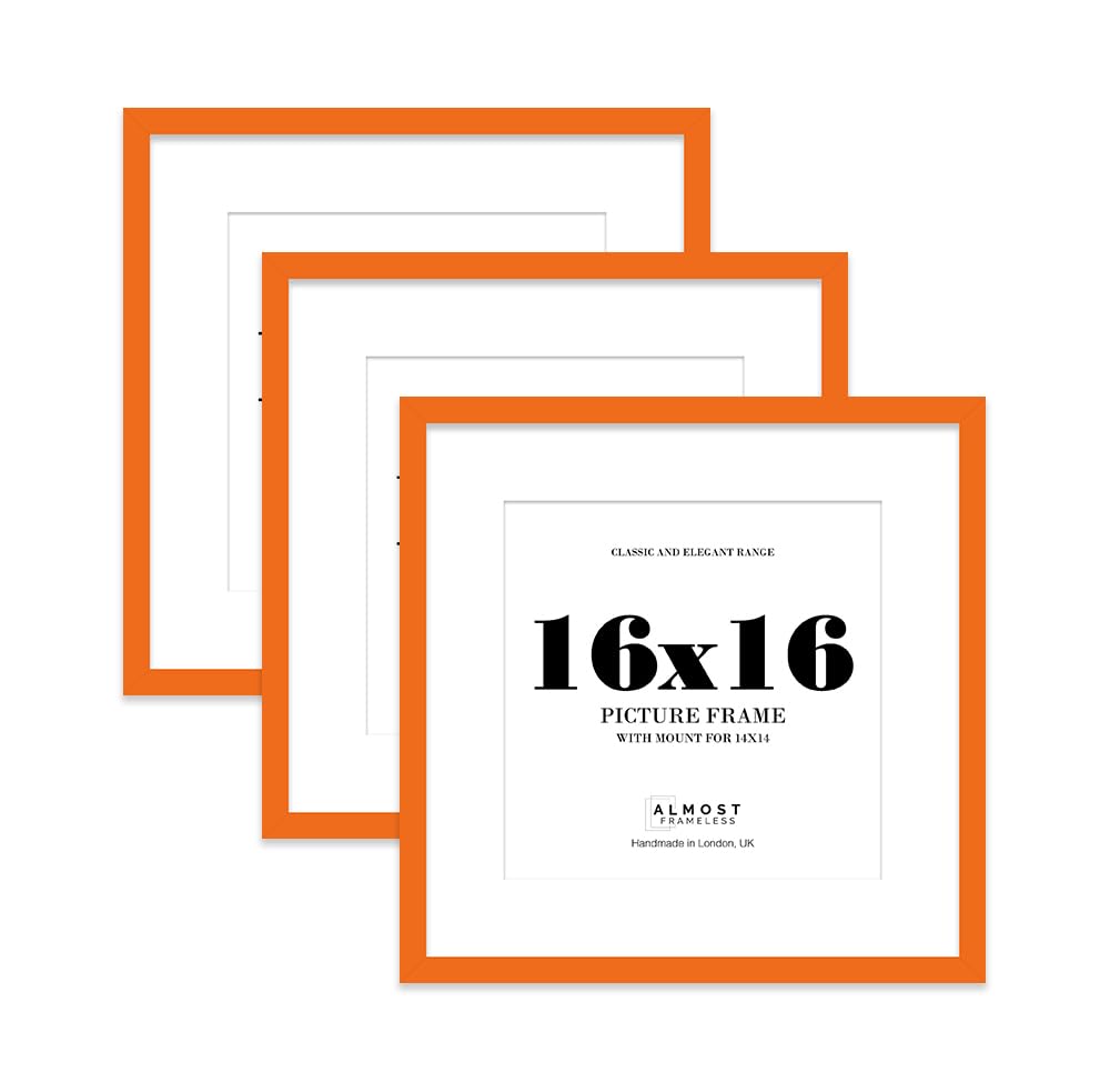 16x16 Orange Picture Frame with Mount for 14x14 Photos, Prints - Modern Square Wall Frame, Set of 3