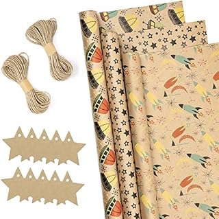RUSPEPA Wrapping Paper Rolls with Tags, Jute String - 43cm x 3m per Roll, Total of 3 Rolls, Birthday