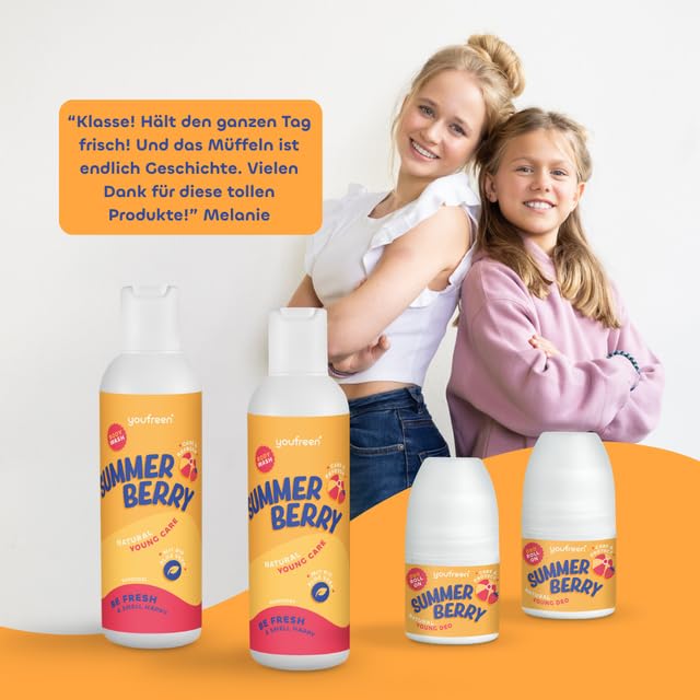 youfreen Happy-Routine-Set: Duschgel (2x200ml) und Deodorant (2x50ml) für Kinder & Teens/Deo für Kinder/Bio-Aloe-Vera/Deoroller (summer berry)