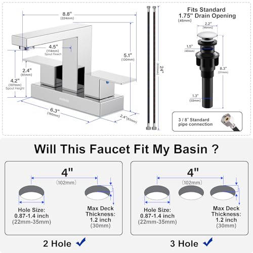 Bathroom Sink Faucet, Hurran 4 inch Chrome Bathroom Faucets for Sink 3 Hole with Pop-up Drain and Supply Lines, Stainless Steel 2-Handle Faucet for Vanity RV Restroom thumbnail 5