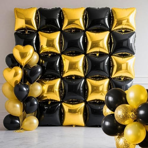 25 Pcs Black and Gold Balloons, Huge Square Foil Balloons Wall Ba...