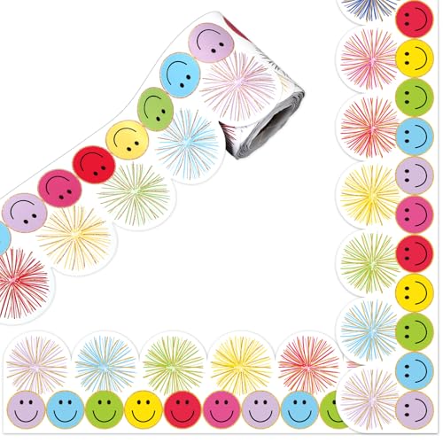 Image of Whaline 32.8 Ft Colorful Happy Face Scalloped Bulletin Board Borders Back to School Smile Face Firework Die-Cut Rolled Border Trim for Classroom Office Chalkboard Decoration
