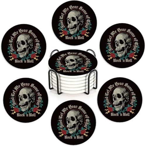 Image of Skeleton Skull Gothic 6Pack Ceramic Drink Coasters,Quick-Absorb Stone Coasters with Anti-Slip Cork Backing & Metal Holder, Table Protectors for Kitchen Bar