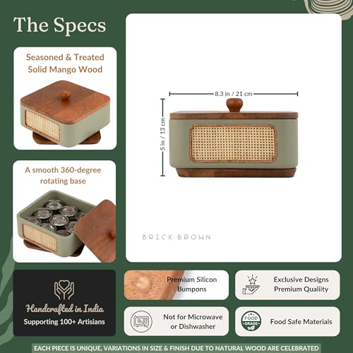 Image of Brick Brown Jali Wooden Masala Box with Lid | 9 Stainless Steel Containers & Wooden Spoon | Handcrafted Spice Box Organizer with 360 Rotating Base | Masala Dani for Kitchen Storage (8.3 x 4.3 Inch)