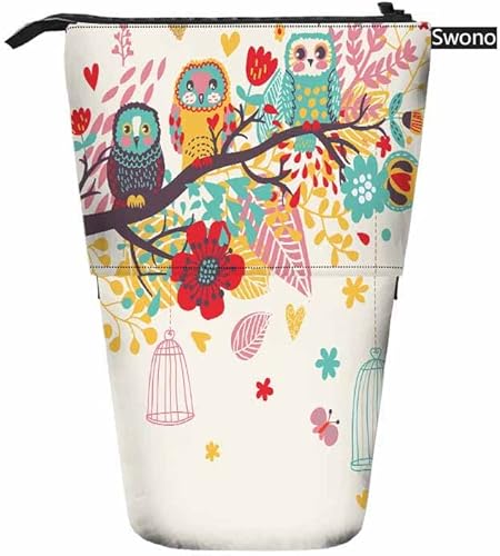 Miniatura 2 de Swono Estuche de lápices de colores con dibujos animados divertidos pájaros sentados brunches de pie Estuche para lápices de pie Estuche para