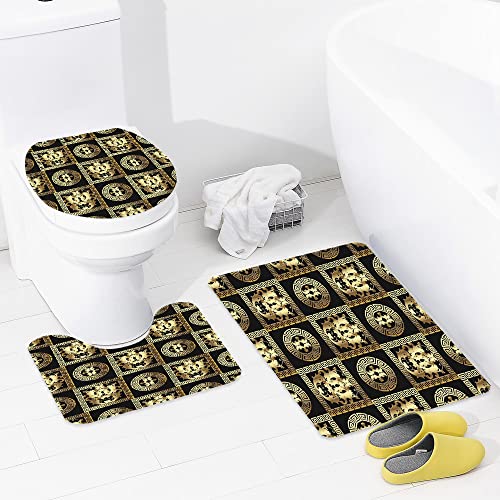 Badezimmer Set, rutschfeste Badematte und WC-Vorleger-Set, Gold Barock Modern Floral Golden 3D Damast Blumen Blättern… – Bild 6