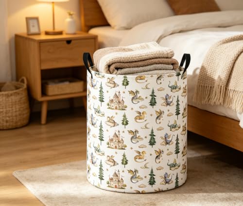 Image of Baby Laundry Basket Baby Nursery Hamper Kids Laundry Basket Toy Storage Bin for Boys Room Decor Gift Baskets for Bedroom Bathroom(Castle Dinosaur)