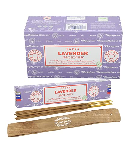 Satya Lavender Incense Sticks, Satya Bng (Bangalore) Insenses 15Gmx12 Pack With Raajsee Incense Holder Bundle, Satya Nag Champa Natural Incense #TOP5