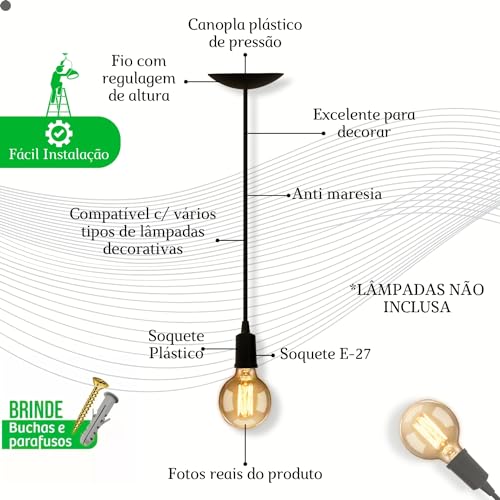 Decoramente - Kit 7 Pendente Cabo Fio Retrô Vintage Uso Domêstico E Industrial Preto 1 Metro Área De