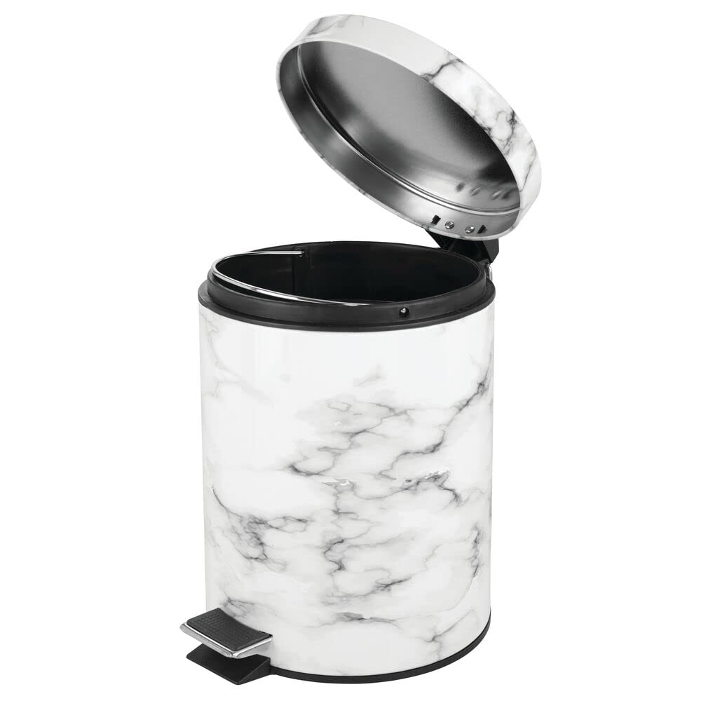 mDesign 5 Liter Round Small Step Trash Can Wastebasket, Garbage Container Bin for Bathroom, Powder Room, Bedroom, Kitchen, Craft Room, Office - Removable Liner Bucket, Hands-Free Design - Marble Print