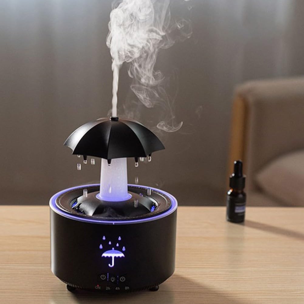 Minhe Diffusore per aromaterapia a LED a 7 colori con rotazione automatica, suoni della pioggia, impostazioni del timer e spegnimento automatico, doppio uso come umidificatore e diffusore di oli