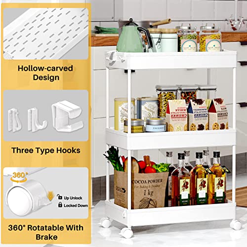Spacekeeper Storage Rolling Cart, 3 Tier Laundry Room Organization Rolling Utility Cart Bathroom Cart Organizer Mobile Shelving Unit Storage Shelves Multi-Functional Storage Trolley, White #TOP1