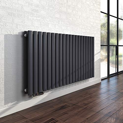 Heilmetz Design Heizkörper Anthrazit, Oval-Doppellagig Flachheizkörper, Horizontaler Designheizkörper 600 x 1180 mm, Moderne Heizung Seitenanschluss