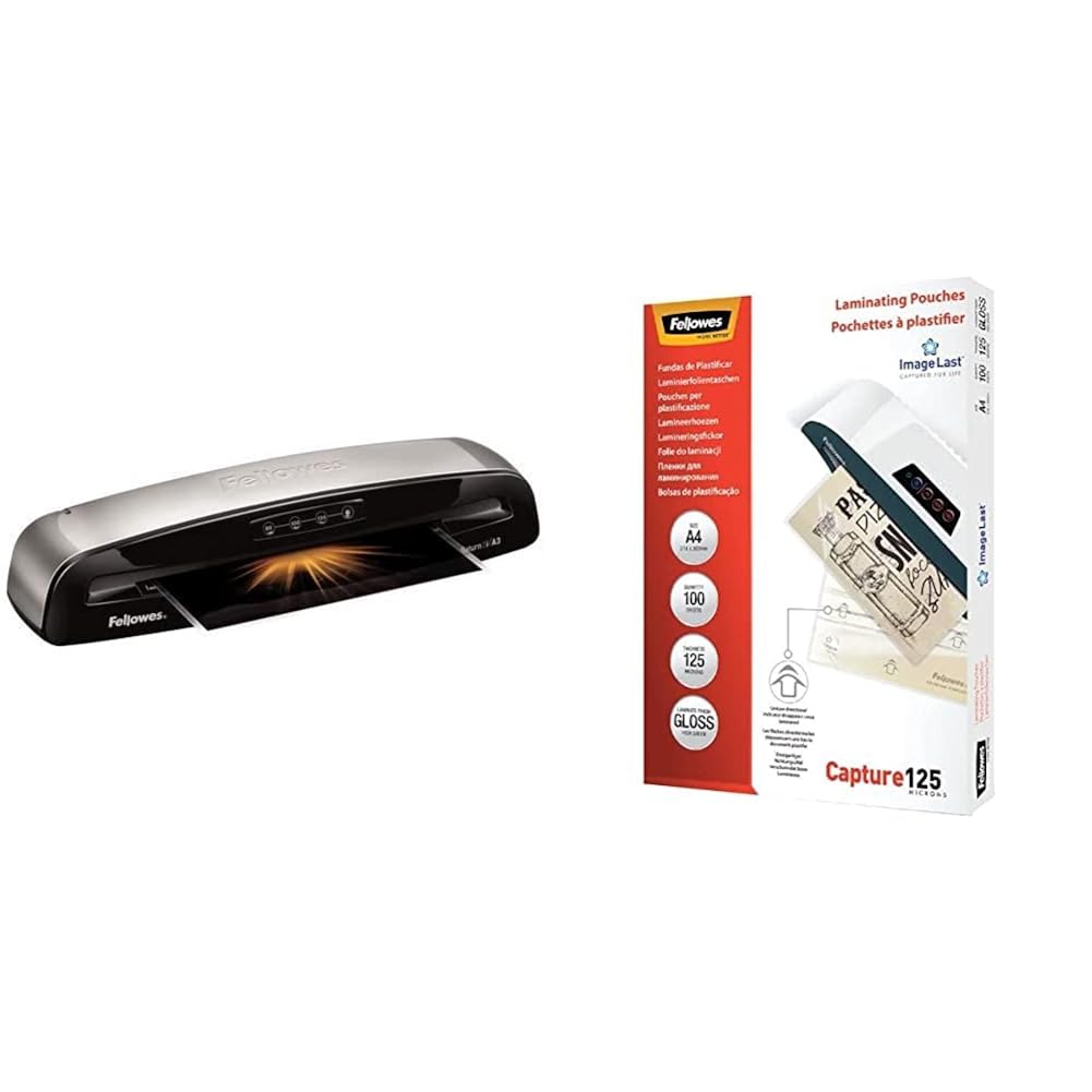 Fellowes A3 Laminiergerät Saturn 3i für 80-125 Micron Folien, 60 Sek. Aufwärmzeit, staufreies Laminieren, inkl. 10 gratis A4 Laminierfolien & ImageLast Laminierfolien 125 Mikron, DIN A4 (100er Pack)