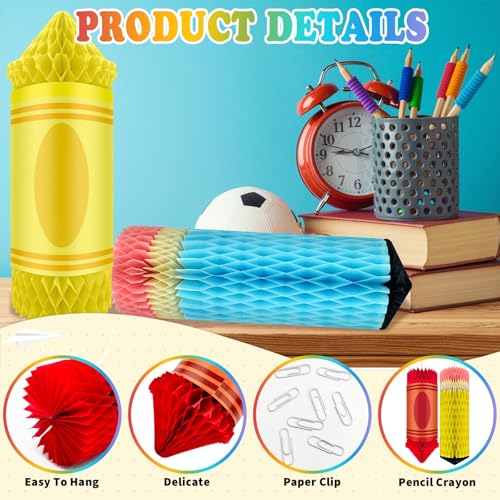Image of 12PCS Pencil Theme Classroom Decor Preschool Kindergarten Back to School First Day of School Crayon Decor Classroom Hanging Ceiling Decorations Colorful Crayon Honeycomb Decorations