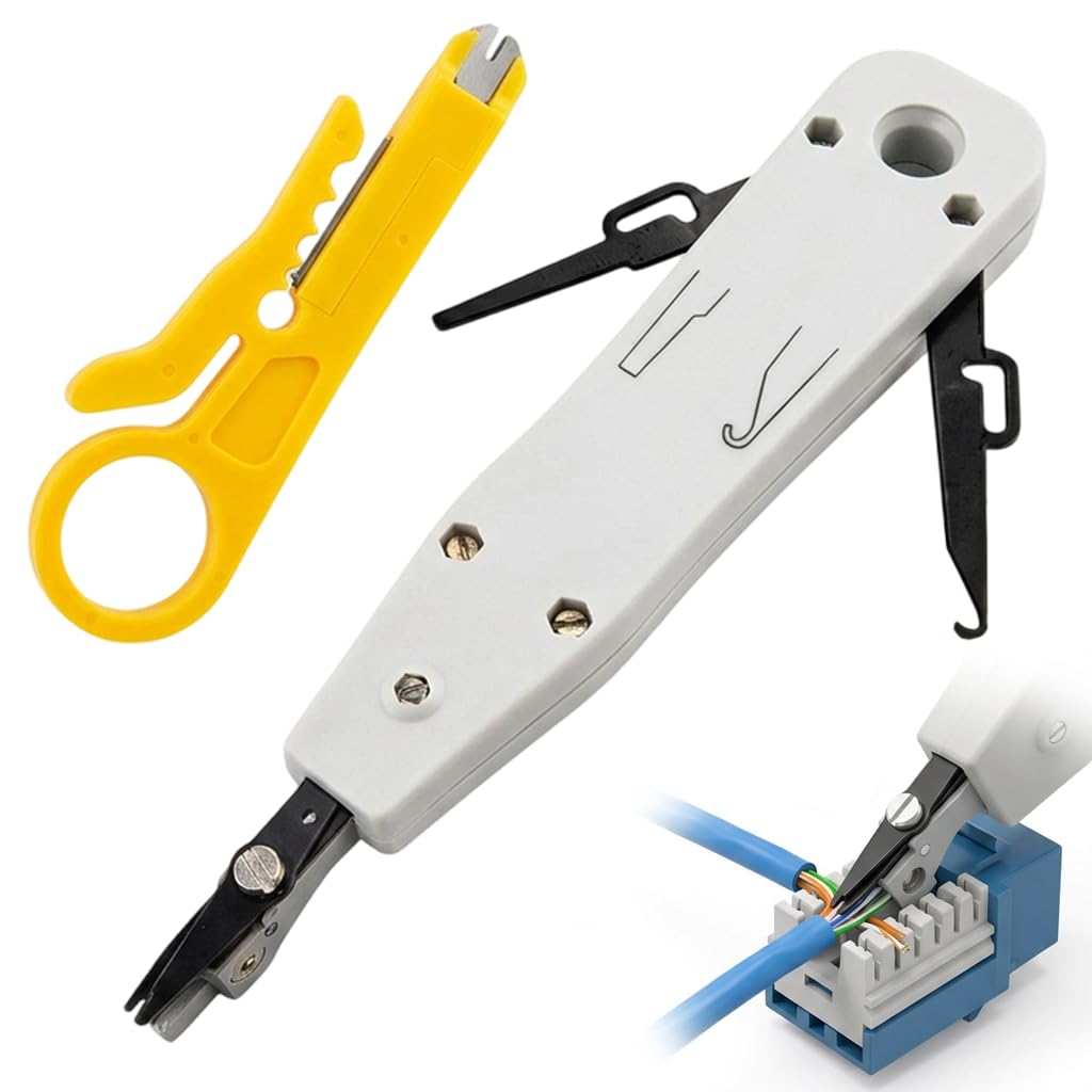 Punch Down Tool with Mini Wire Stripper, Professional Impact Krone Tool for RJ45 Socket Cat5/Cat6/Cat7 & Telephone Cable, Ethernet Network IDC Terminal Insertion Tool Kit（White）