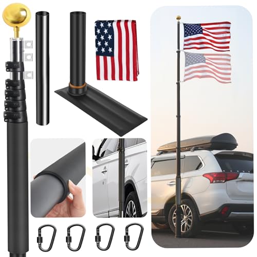 20FT Tailgate Flag Pole with Tire Mount, Fits RV Pickup SUV Sedan, Portable RV Flag Pole with 20' High-Density Foam Protective Tube, Thickened Aluminum Flag Pole with an Flag, 80 MPH, Dual Flag Mount