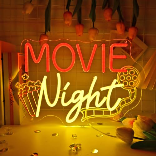 Image of Britrio Movie Night Neon Sign for Home Theater Man Cave Business Wall Light | LED Movie Time Neon Light Cinema Room Game Room Decor Film Lover Gift Party Backdrop Wall Art 5V USB with Dimmer 15.75 inch