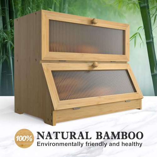 Caja de pan de bambú de gran capacidad con doble estante y ventana visible 3