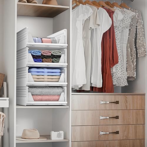Image of Sorbus 4 Pack Folding Closet Shelf Organizer for Clothes, Versatile Stackable Storage Baskets for Closet, Bathroom, Kitchen and Garage with Easy Access Open Front Design, Plastic Organizer Shelves