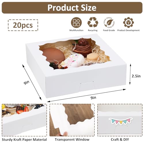  White Pie Boxes for Bakery Goods - 20 Pack, 9x9x2.5 inches, with Window