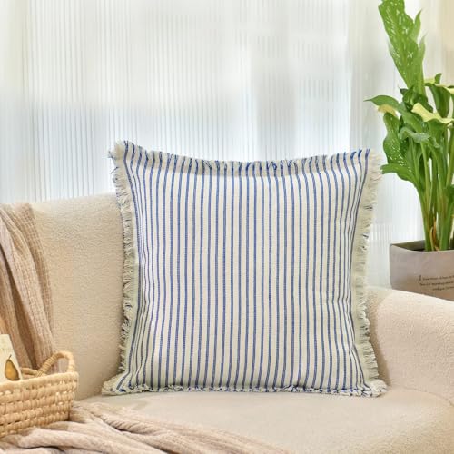 Image of ZWJD Throw Pillow Covers 24x24 Set of 2 Blue Striped Pillow Covers with Fringe Chic Cotton Decorative Pillows Square Cushion Covers for Sofa Couch Bed Living Room Farmhouse Decor, (Blue)