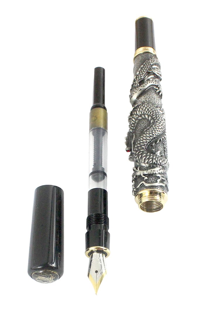 2 Füllfederhalter Mit Drachen-Design – Metall, Mittlere Feder 0,5 Mm, Edles Altes Silber & Kupfer