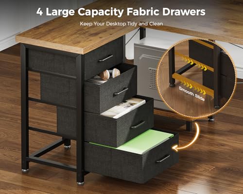 Image of AODK L Shaped Gaming Desk with 4 Drawers, 61 inch Reversible Home Office Desks with Power Outlets, L Shaped Computer Desk with USB Charging Port and Host Stand, Corner Desk, Easy to Assemble, Vintage