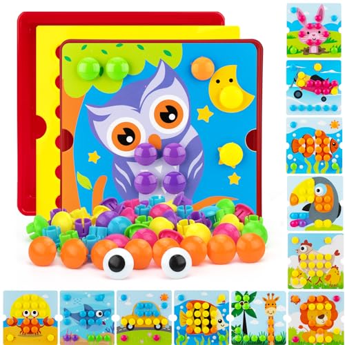 Image of AluAbi Button Art Toys for Toddlers, Crafts for Age 3-5, Early Educational Toys, Color Matching Mosaic Pegboard, Fine Motor Skills Game, Preschool Learning Activity Gifts for Boys & Girls 3+