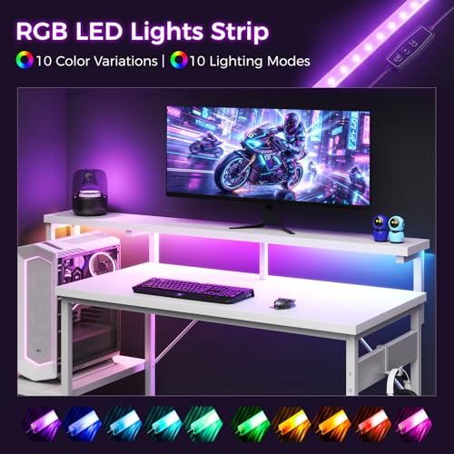 Image of AODK 48 Inch Gaming Desk with LED Lights, Computer Desk with Storage Shelves, Reversible Desk with Monitor Stand, White