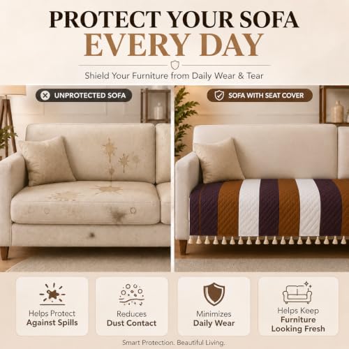 Image of Velvet Quilted Sofa Cover for 2 Seater (48 x 24 Inches) | Stripes | Anti-Slip Soft Washable Sofa Seat Cover | Furniture Protector with Tassels