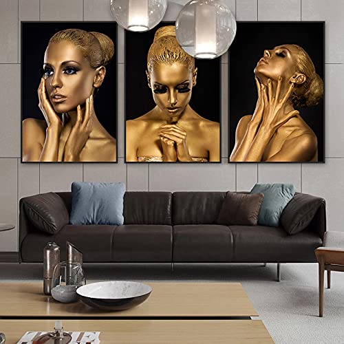 Toile Art Peintures Noir Or Femme Luxe pour Salon Décoration Maison Triptyque Sans Cadre 20x30cm