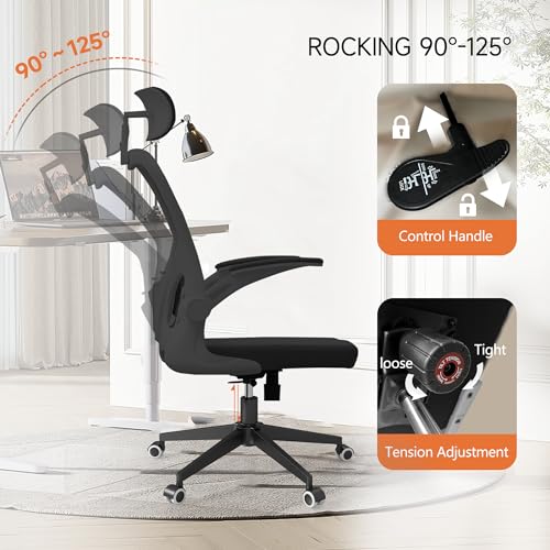 Image of Monhey Office Chair Ergonomic Desk Chair with Lumbar Support&Headrest&Flip-up Arms Height Adjustable Rocking Swivel High Computer Chair Multi-Angle from 90 to 125 with 350LBS Capacity (03All Black)