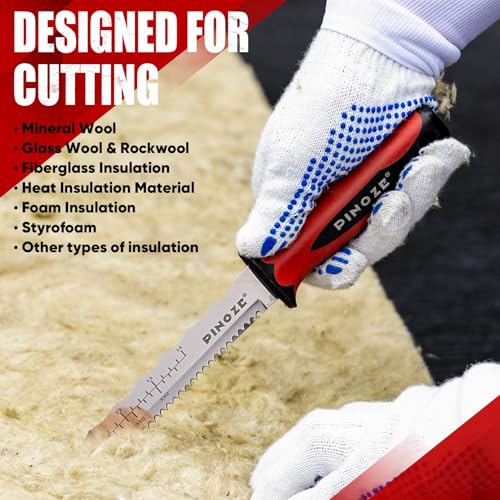 Image of Pinoze 16 inch Insulation Knife, Stainless Steel Blade Insulation Cutter w /Laser Scale, Dual-Side Serrated Duct Knife Tool with Sheath for Cutting Heat Material Foam /Rockwool /Styrofoam, Garden Sod Cutter
