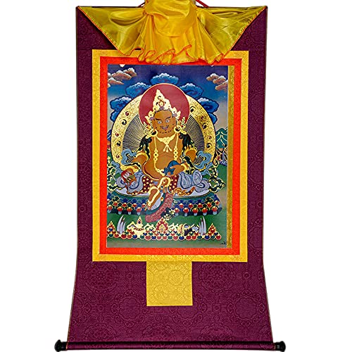Budismo tibetano Thangka, Tapiz budista, thangka tibetano, buda, colgante de pared de Thangka tántrico, Jambhala amarillo, tapiz de brocado de estampado en caliente for decoración del hogar Zen