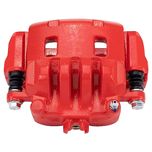 Image of TRQ Front Left Brake Caliper w /Bracket Performance Red Drivers Side | For 2003-2006 Subaru Baja 2003-2010 Forester 2003-2005 Impreza 2002-2012 Legacy Outback