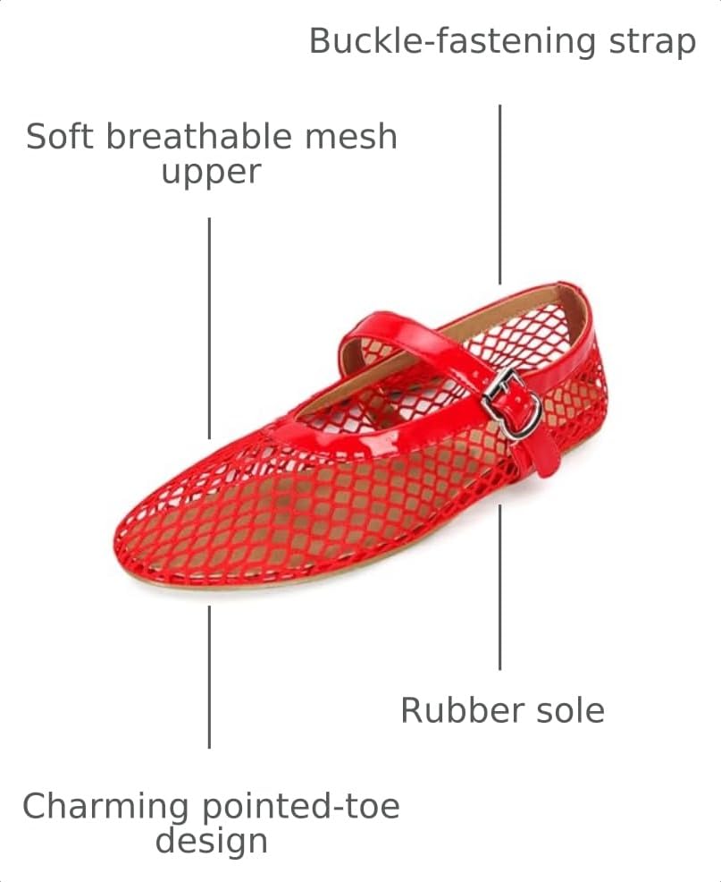 Image of DOEYG Mesh Ballet Flats for Women Buckle Strap Comfy Casual Office Fishnet Ballerina Flat Shoes