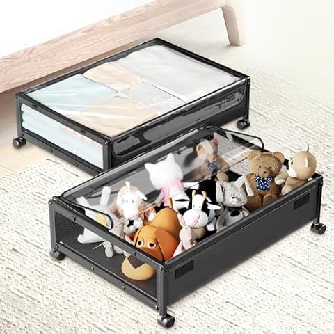UEAKPIC Under Bed Storage Containers with Wheels, 2 Pack Under Bed Shoe Storage Organizer, Rolling Under Bed Storage Metal Drawer, Under Bed Storage Bins for Clothes, Toys, Blankets, Books Cover