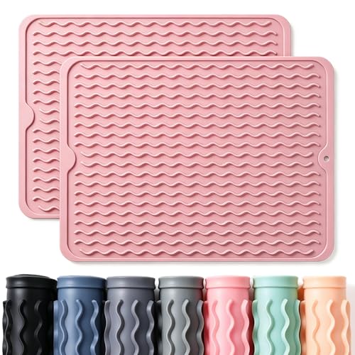 Image of 2 Pack Caketime Silicone Dish Drying Mat for Kitchen Counter Cooking Baking Liners Drawer Storage Refrigerator Espresso Machine Station Utensil Holder Washer Trivets Oven Tools 15 inchx11.5 inch Pink