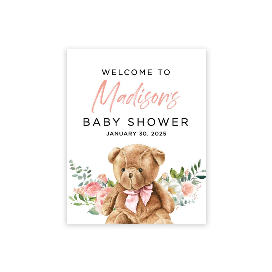 Andaz Press Custom Large Baby Shower Canvas Welcome Sign, 16 x 20 Inches, Blush Pink Teddy Bear, Guestbook Alternative, Personalized Sign Our Canvas, for Bear Baby Shower, Baby Sprinkle Theme
