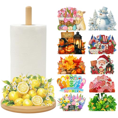 Bamboo Paper Towel Holder with 11 Set Interchangeable Holiday Signs,