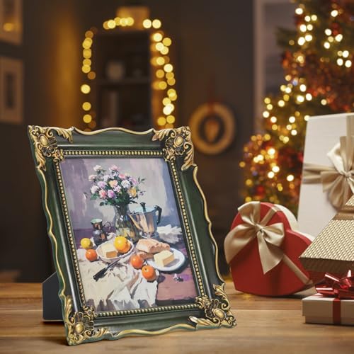 Image of Saysmile 8x10 Vintage Picture Frame with Embossed Flower Design, Green Ornate Frame for 8x10 or 5x7 Pictures with White Mat, Hand-Crafted Resin Antique Frames for Tabletop & Wall Hanging, Home Decor (Green )