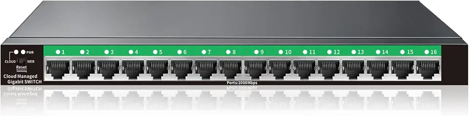 STEAMEMO Switch Gigabit Ethernet de 16 Portas | Gerenciamento Inteligente com Vlan e Qos | Switch de Rede Plug & Play para Mesa/Parede | Switch Empresarial Em Metal (Inclui Adaptador de Energia)